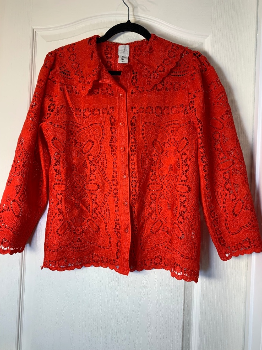 Joie Red Crochet Lace Blouse M Romantic Boho Chic Button Front Top Statement
